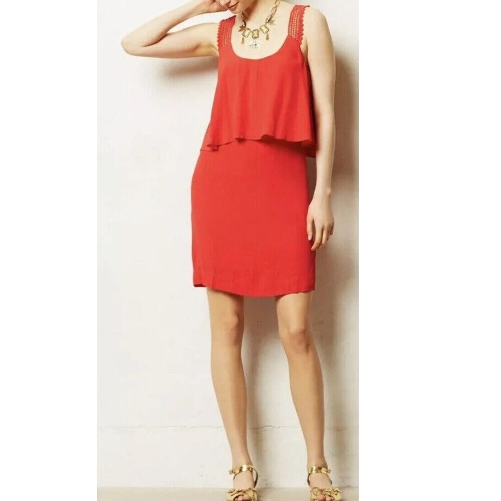 Anthropologie Dress Women's 2 Red Mini Maeve Tissana Tiered Crochet Sleeves